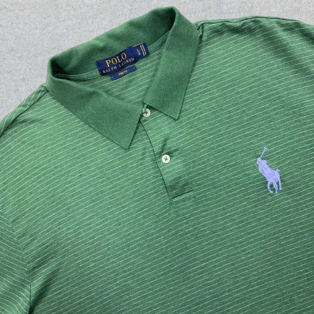 Polo Ralph Lauren Polo Shirt Mens Large Green Striped Pro Fit Pima Cotton Pony